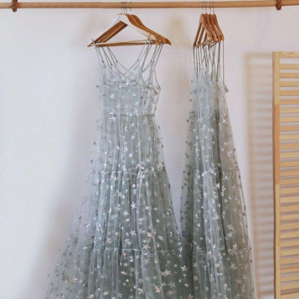 Bling Bling Dress Star Lace Spaghetti Straps Summer Tulle Dress Women Cover Up V-Neck Sling Dress