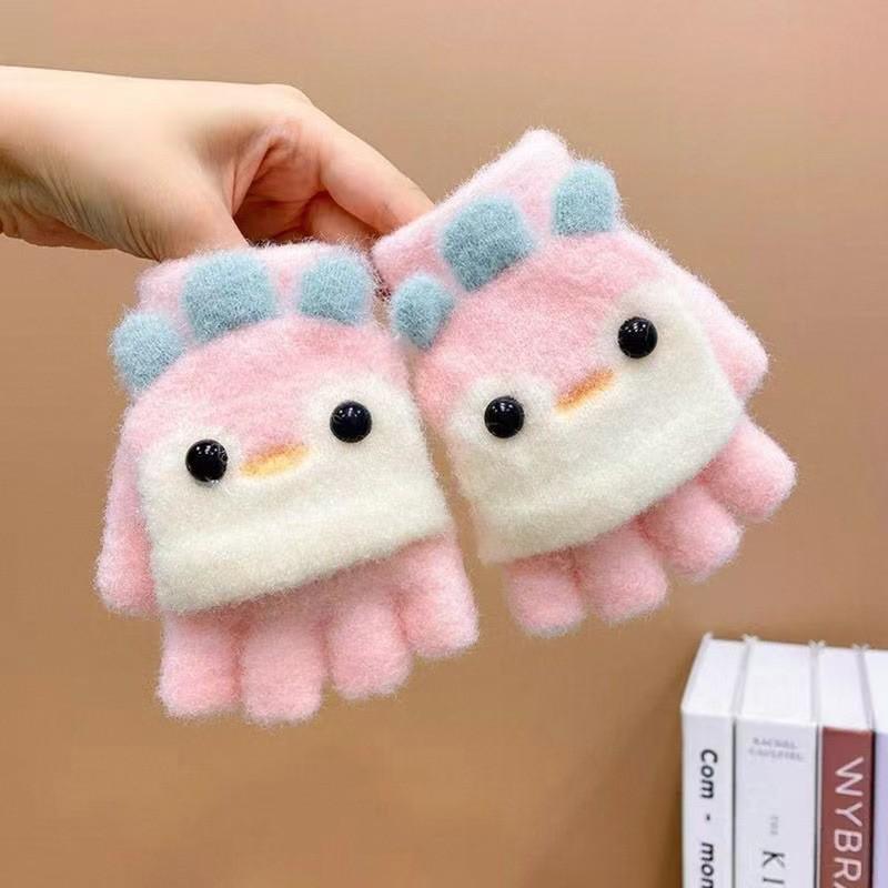 Kids' Cartoon Flip-Top Gloves: Winter Half-Finger, Thickened for Writing, Dual-Use, Cute Design for Boys and Girls