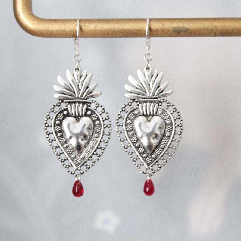 Heart Shape with Ruby Zinc Alloy Decor Golden / Silvery Dangle Earrings Retro Elegant Style Delicate Gift for Lovers
