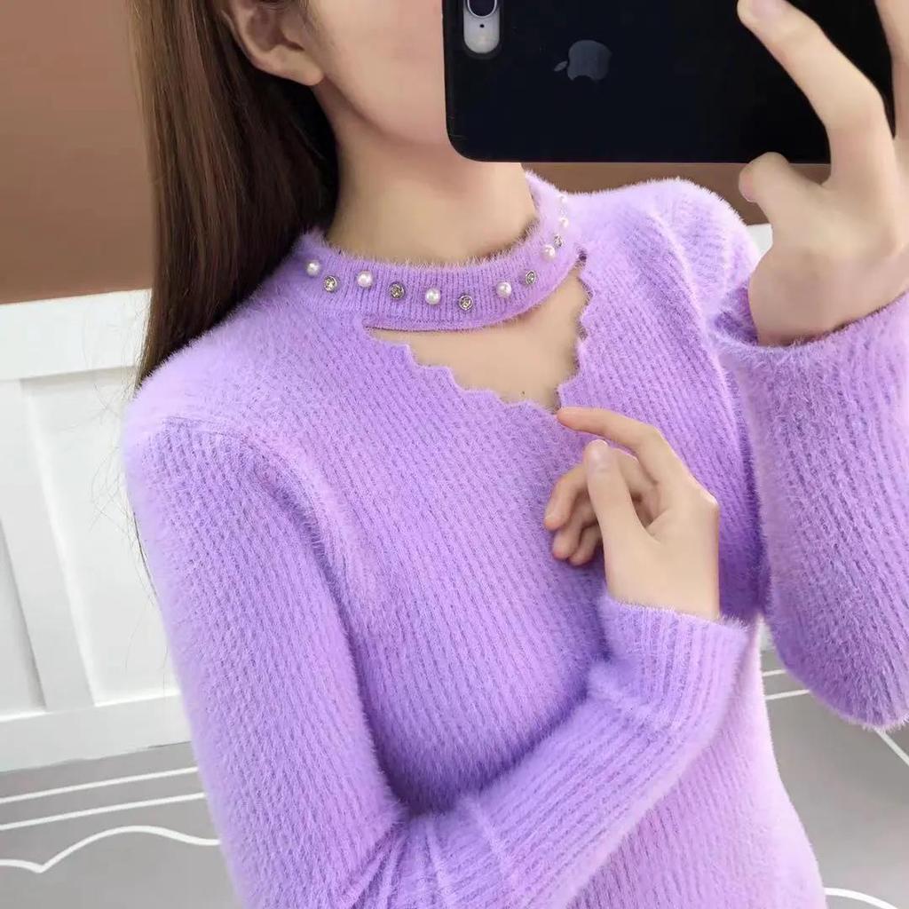 Faux Mink Fleece V-Neck Sweater Warm Slim Fit Pullover Women Fashion Plush Long Sleeve Sweater