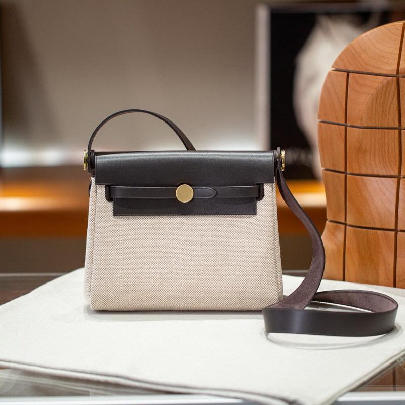2026 New 20cm Cowhide With Canvas Leather Bag Mini Shoulder Crossbody Fabric Cross-border