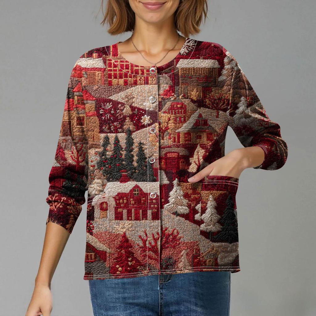 Women's Casual Long-Sleeved Single-Breasted Christmas-Themed Print  Cardigan