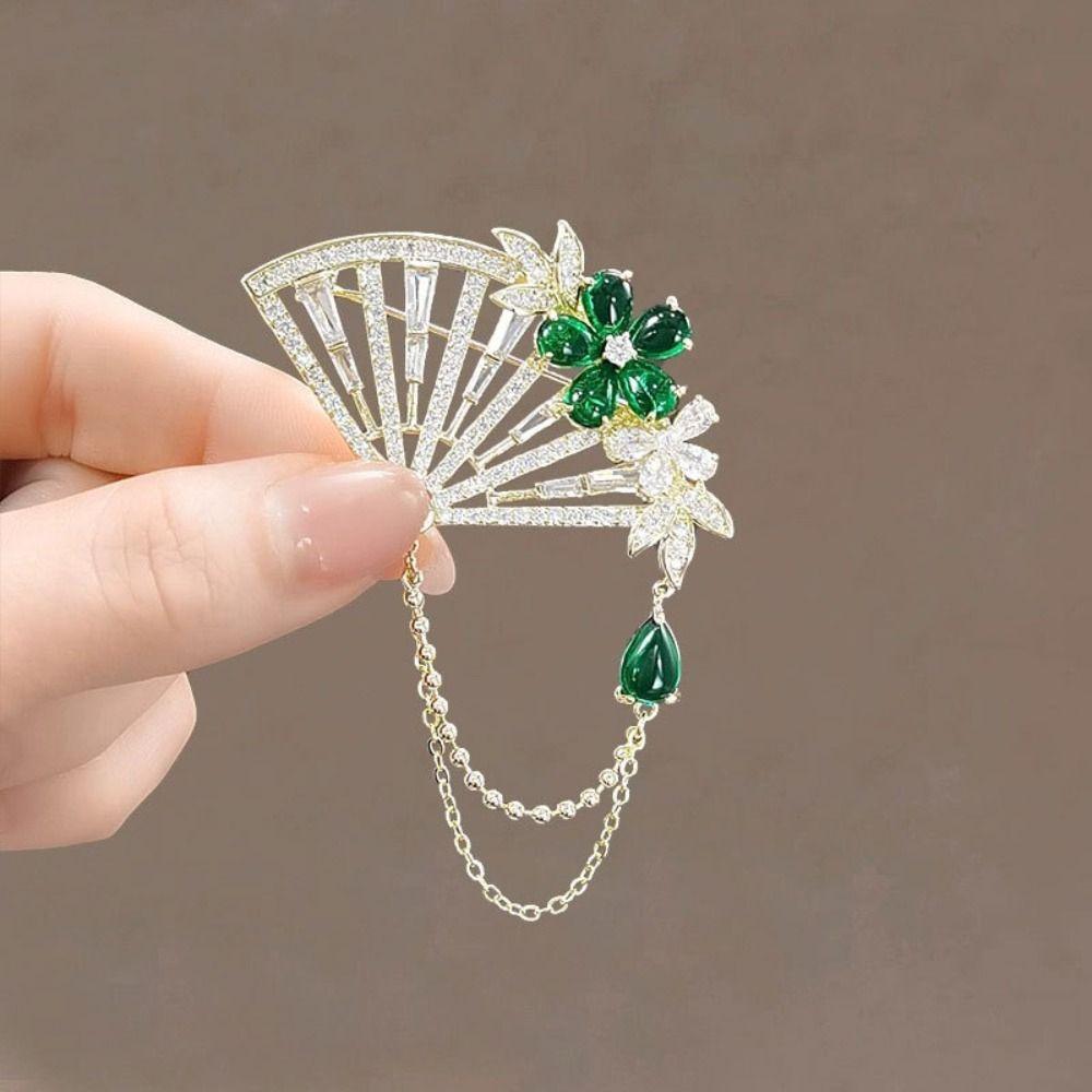Anti-exposure Pink Peony Flower Brooch Chinese Style Tassel Fan Brooch Jewelry Accessories