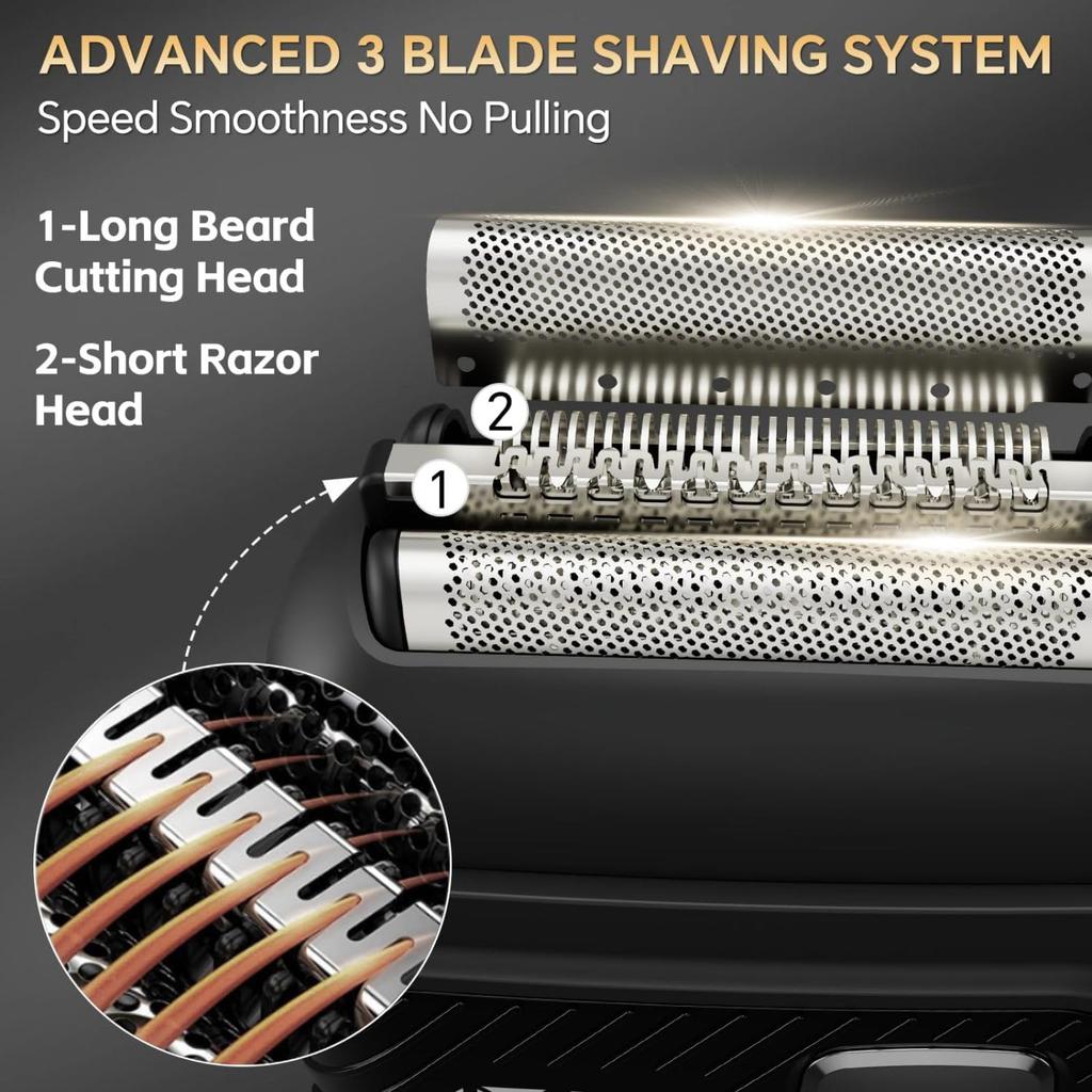 for Men, Cordless Electric Razor with 3 Floating Blades, Waterproof Foil Shaver for Face, LED Display USB-