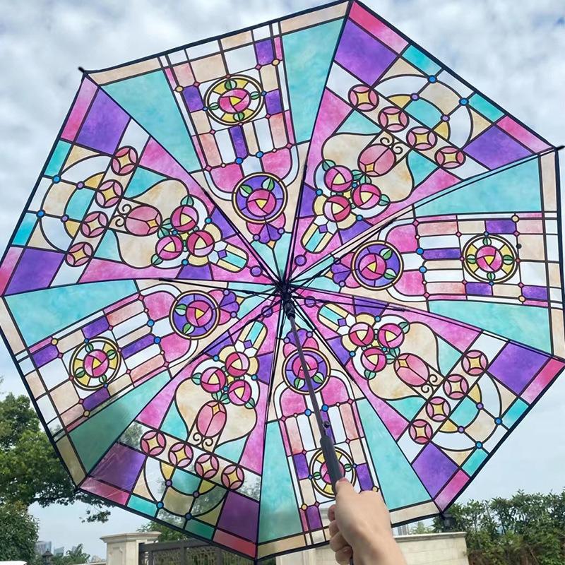 Automatic Church Retro Transparent Large Umbrella Stained Glass Transparent Umbrella Romantic Sunny Dual Use Of Rain And Light