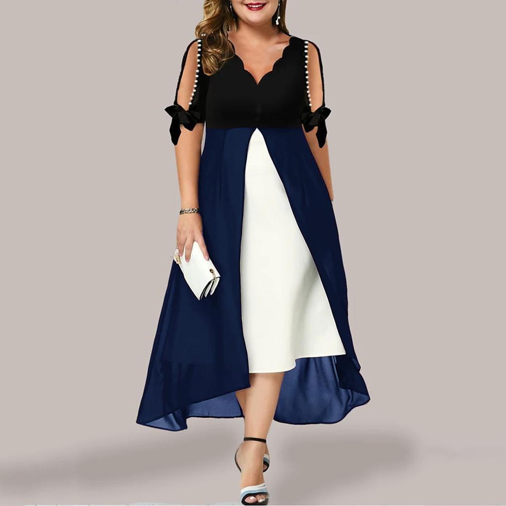 Women Plus Size 3/4 Sleeves V Neck Chiffon Panel Contrast Cocktail Semi Formal Play Dress