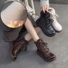 Thick Soled Short Boots Retro Genuine Leather Plush Warm Round Toe Lace Up Women's Shoes