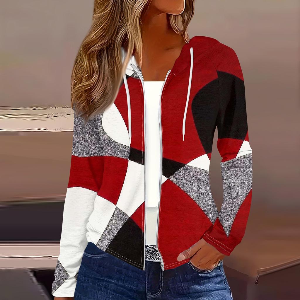 Women's Fashion Casual Zip Up Hooded Print Long Sleeve Sweatshirts Coat