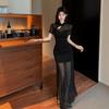 Elegant Black High-Waist Slim Fit Sheer Long Dress With Mandarin Collar Button Detail 2026
