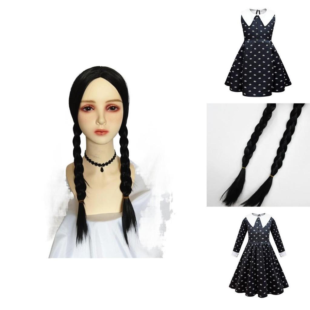 Платье Уэнсдей Аддамс Парик Косплей Костюм Для Девочки Ребенка Хэллоуин Рождество Вечеринка