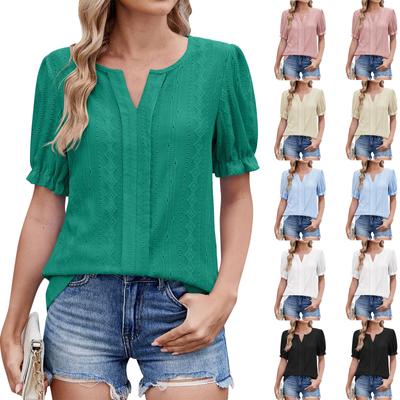 Женская мода повседневная футболка с коротким рукавом и V-образным вырезом, однотонная, базовая текстура