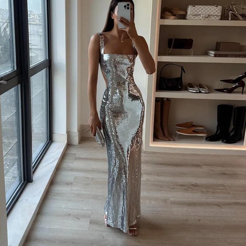 Sequin Long Dress for Women Spaghetti Strap Backless High Waist Slimming Party Gown Sexy Bodycon Side Slit Evening Dress Summer Beach Dress