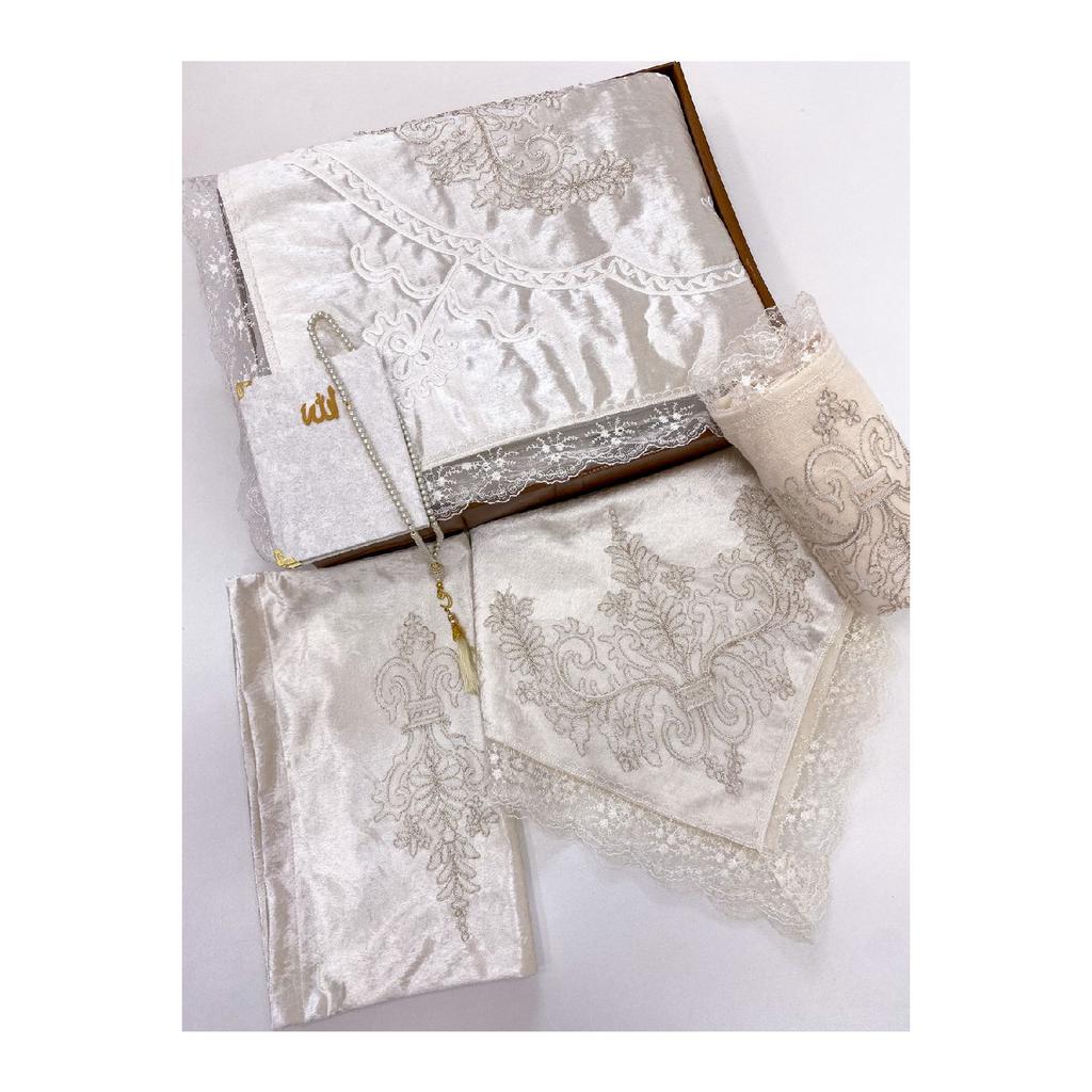 6 Piece Prayer Rug Set, Dowry Bundle Boxed, Velvet Laced Bride And Groom Set
