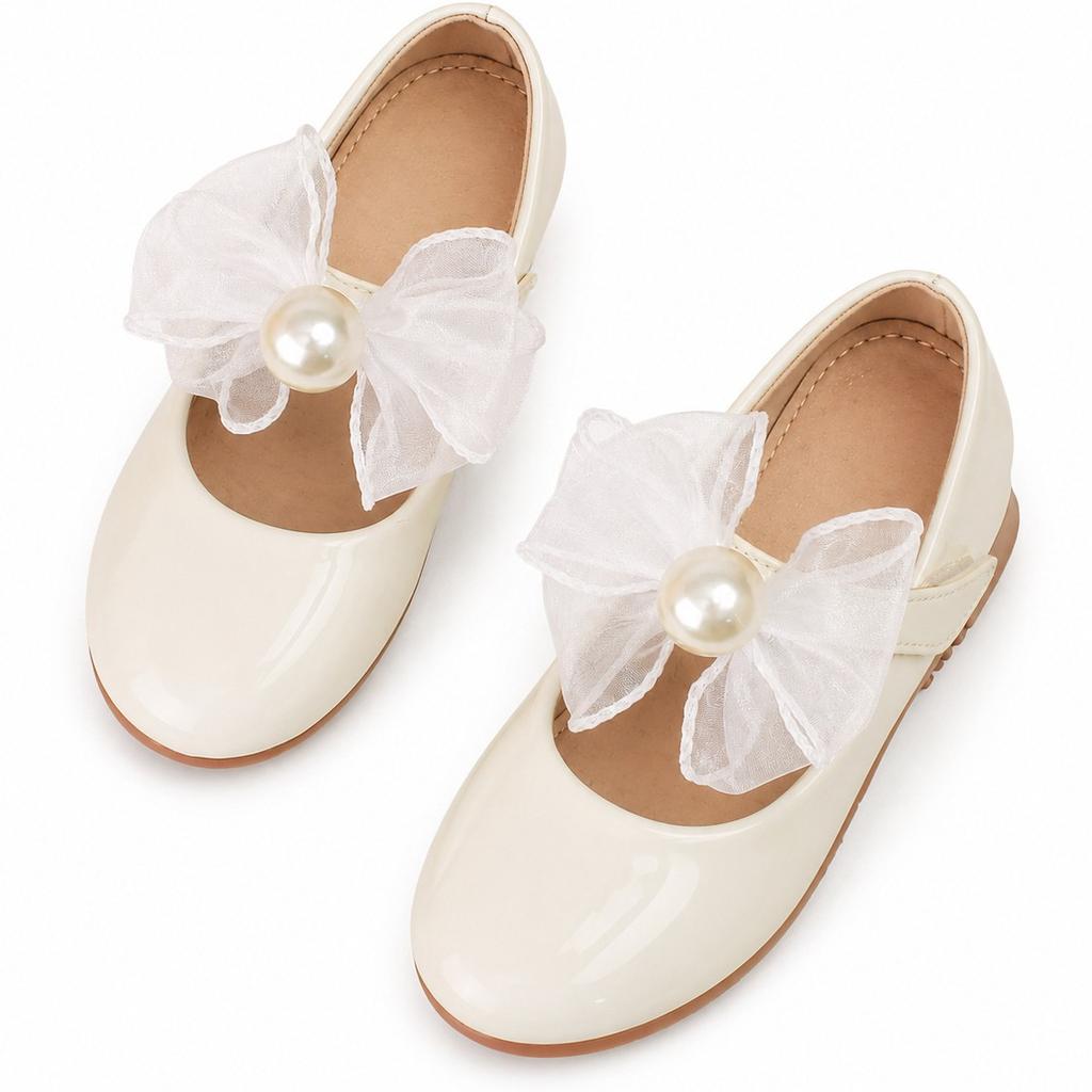 2026New summer collection: girls' princess shoes with large pearl and bow embellishments, mesh flats, Mary Jane shoes, and leather shoes for older