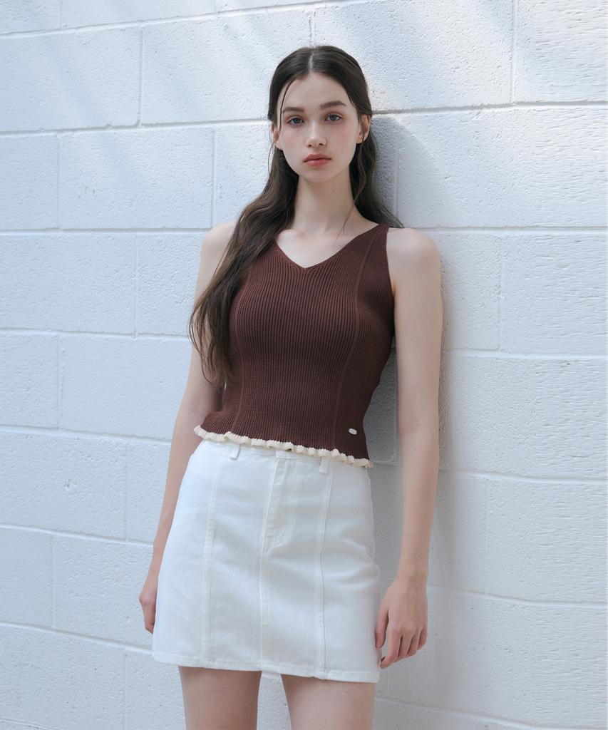 ODER Contrast Ruffle Ribbed Sleeveless - Brown