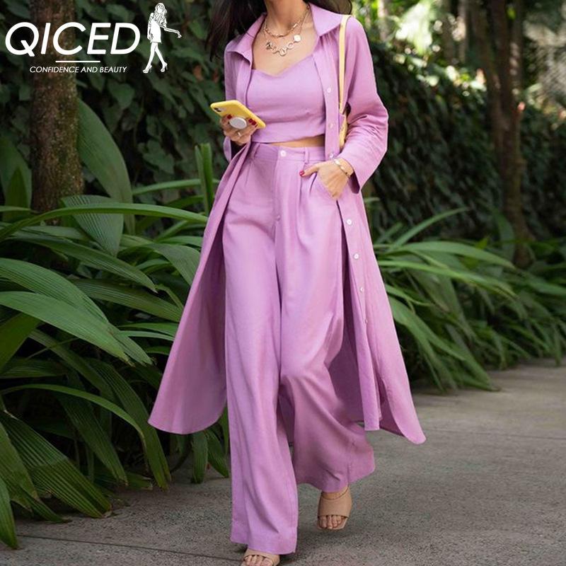 QICED Women's Vest Knitted Jacket + Small Leg Elastic Pants Three-piece Set