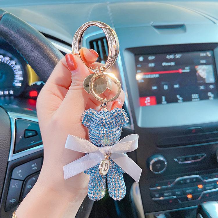 Luxury Jewelry Full rhinestones Bear Car Key chain Creative Letter Big Button Key chains Bag Pendant Doll Party Gifts For Women