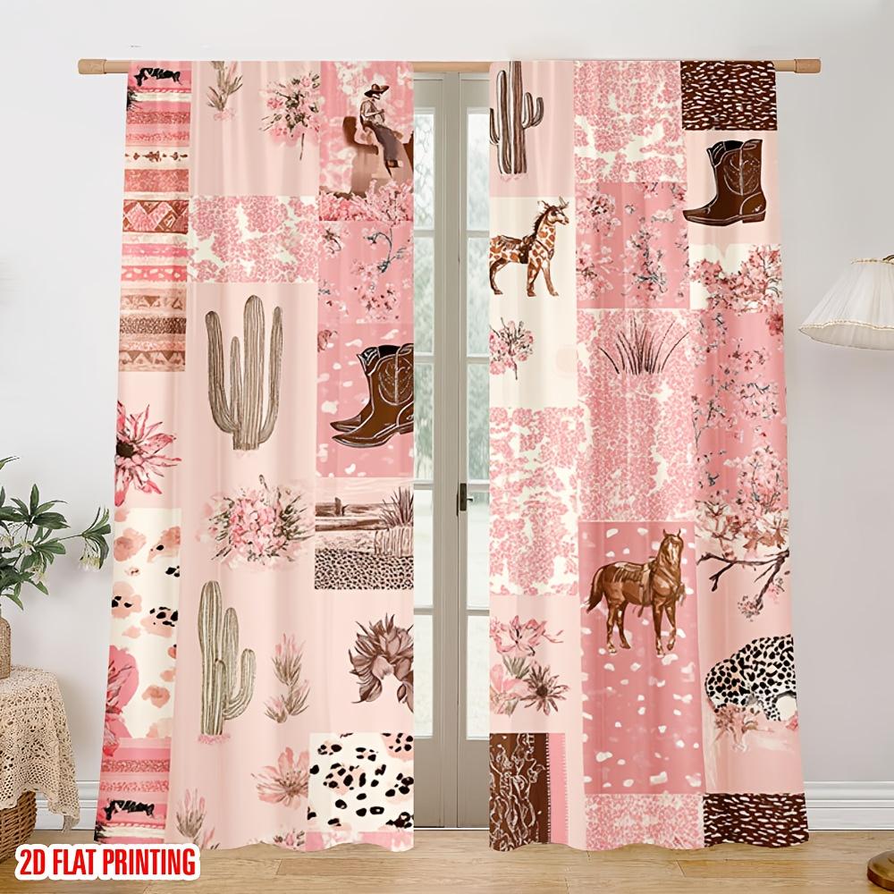 2PCS Digital Print Curtains, Western Desert Cactus Floral, Cowboy Style