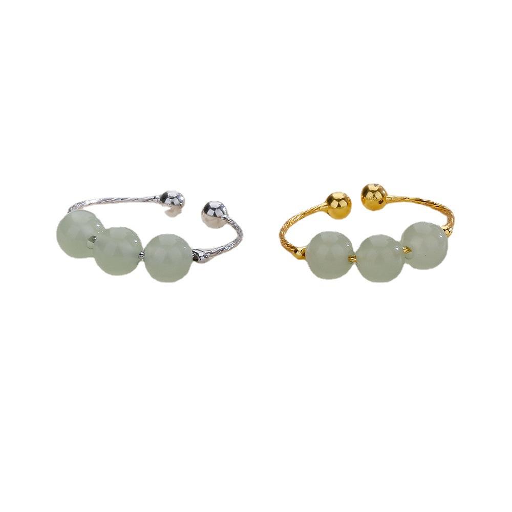Chinese Jade Round Bead Index Finger Ring Guochao Ethnic Style Retro Gold Three Hetian Jade Ring With Adjustable Opening