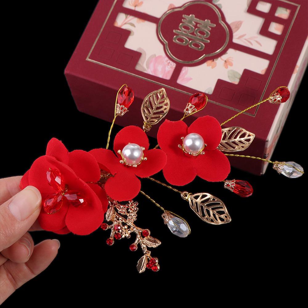 Sweet Crystal Leaf Hair Ornaments Pearl Red Flower Women Barrettes Festival Hairpins Chinese Hanfu Hair Clips Duckbill Clips