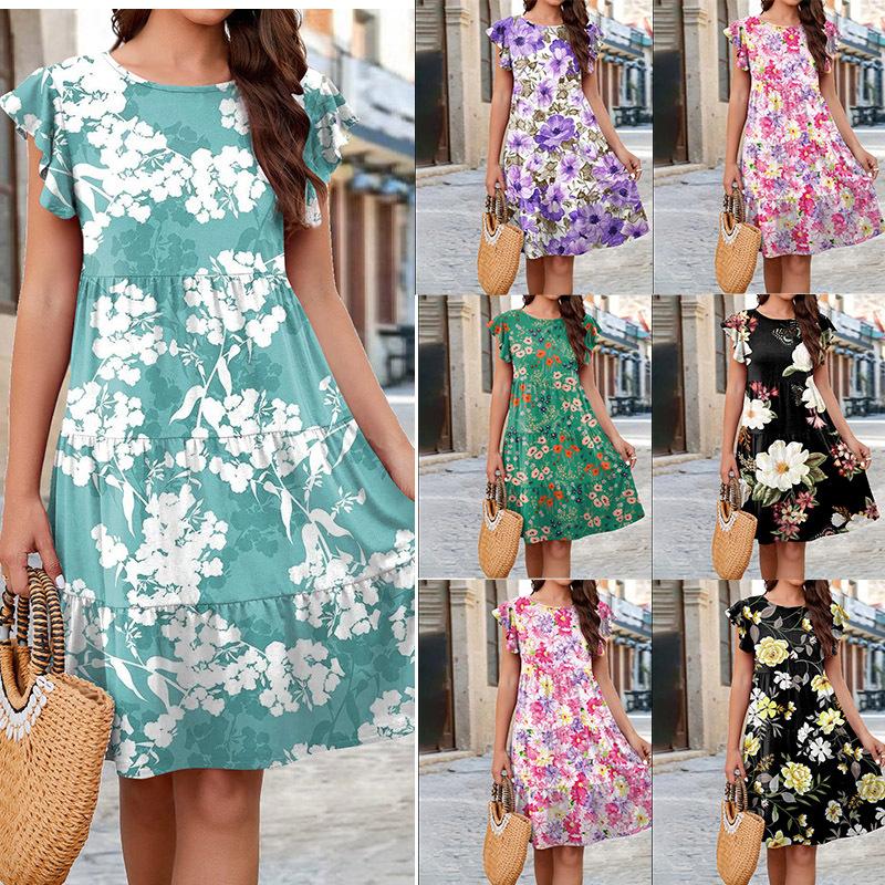 Women's Casual Floral Print Dresses Ladies Round Neck Ruffled Dress Fashion Loose Dress