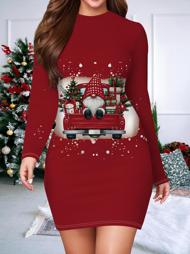 2025 Autumn and Winter New Women's Hip-wrapped Dress,3D Christmas Printing and Dyeing Women's Fashion Long-sleeved Round Neck Sexy Hip-wrapped Dress