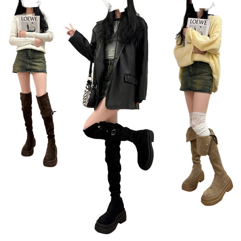 Children's Boots Two Wear Knee Knight Boots Heightening Year Fashion New 2024 Autumn and Winter Thick Bottom Fold Thick Heel