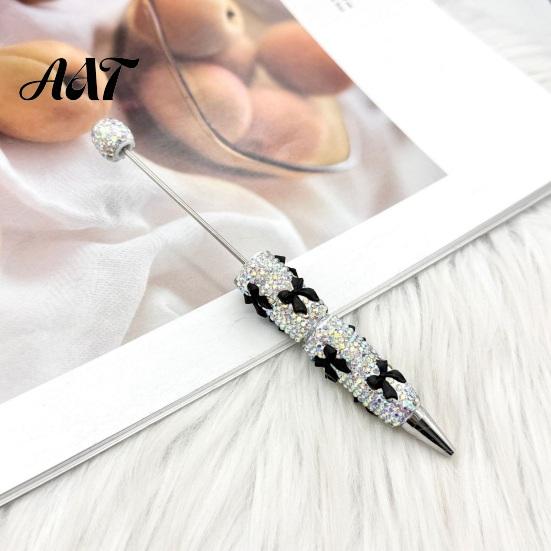 Handmade Pen Supplies Glitter Beadable Ballpoint Pen, Rhinestone Bow Beaded DIY Bling Black Ink Pens for Making, School Office Fashionable