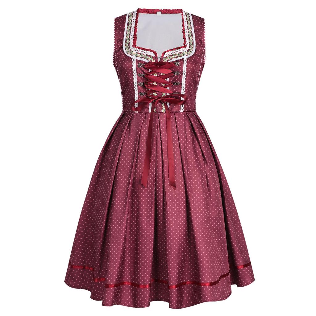 Women Oktoberfest Dress Traditional Bavarian Costume with Lace Up Bodice Short Sleeve Skirt Outfit