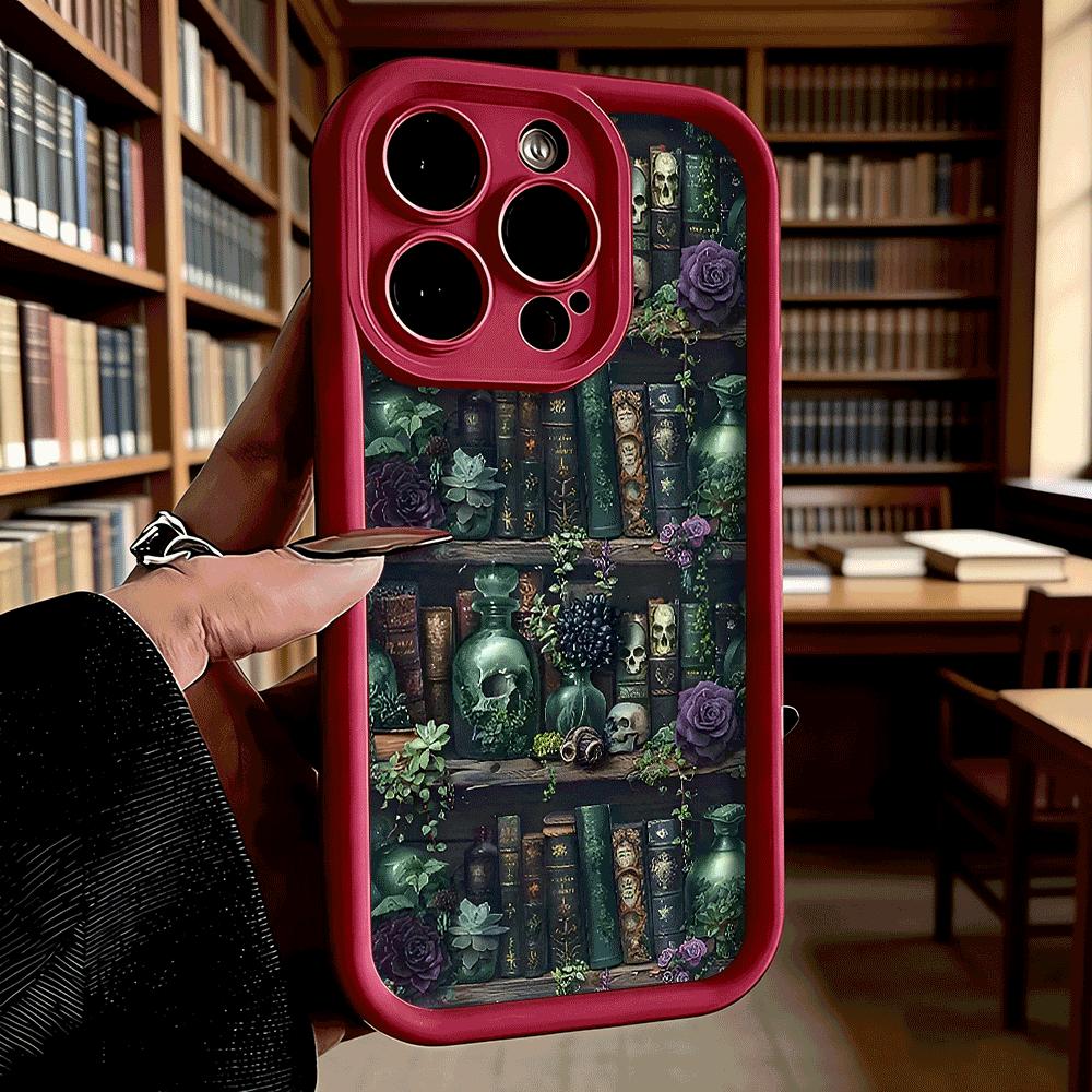 Готический книжный шкаф Черепа и розы Чехол для телефона для iPhone 17 16 15 14 13 12 11 Pro Max Plus Защитный, Гелевый, Гибкий, Защита от царапин