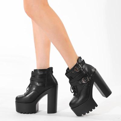 Женские однотонные ботинки на блочном каблуке с пряжкой и ремешком, модные модельные туфли на шнуровке, готическая обувь, стильные ботильоны на молнии сзади