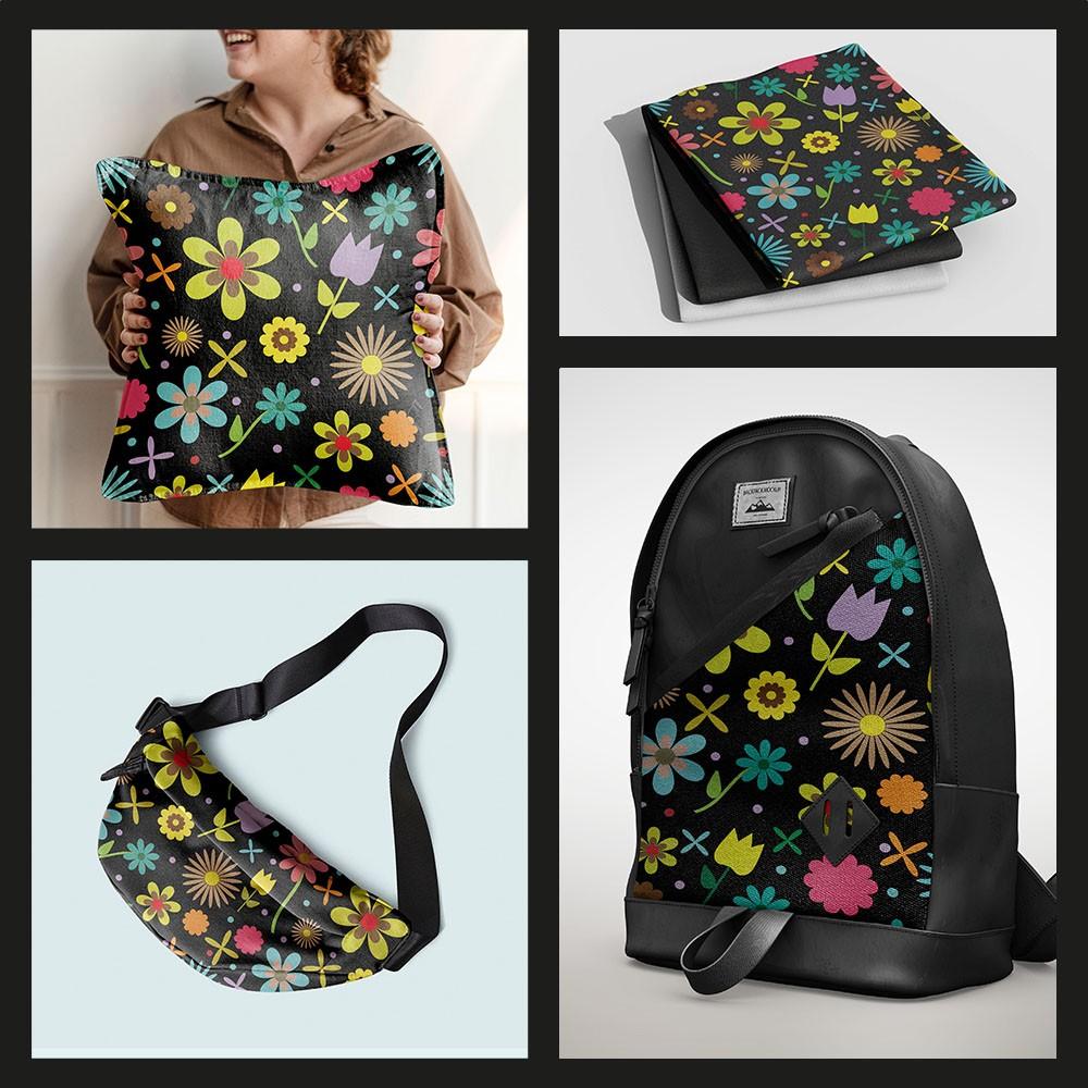 Outdoor Dekostoffe Oxford - Motiv Bunte Blumen Auf Schwarzem