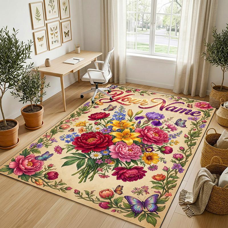 Floral Garden Theme Crystal Velvet Rug Personalized Custom Name Text Soft Floor Mat Home Decor