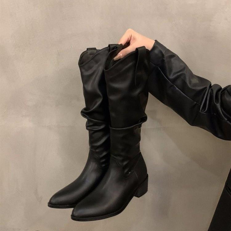 Women's Boots Boots Women's 2025 Autumn and Winter New V-mouth Maillard But Knee Thick Heel Pointed Pile Boots