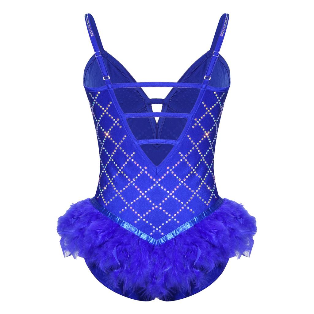 Womens Shiny Rhinestone Feather Leotard Deep V Neck Adjustable Spaghetti Straps Strappy Back Bodysuit