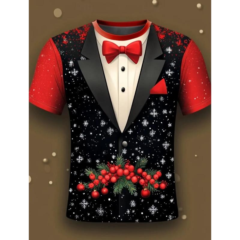 Летний топ с круглым вырезом и 3D-принтом на рождественскую тематику с галстуком-бабочкой, модные повседневные футболки с короткими рукавами для мужчин