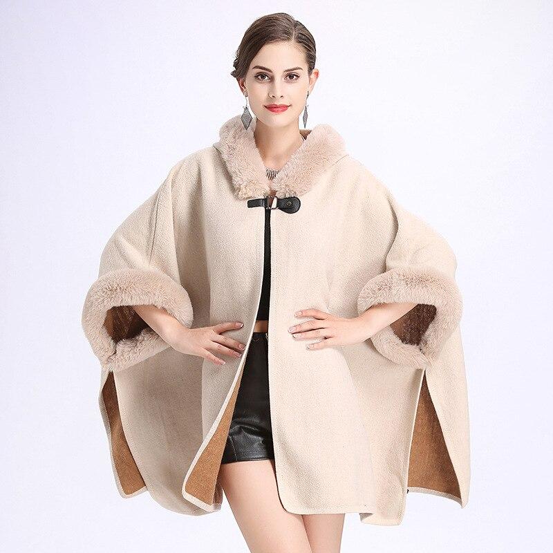 9 Colors Black Winter Warm Fashion Horn Buckle Poncho Capes Women Imitation Rabbit Fur Batwing Sleeves Loose Long Coat With Hat