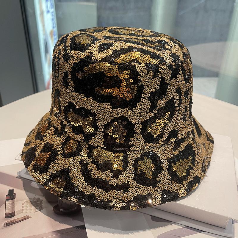 Double-sided Fisherman's Hat Children's Big Head Circumference Versatile Bucket Hat Leopard Print Sequined Washbasin Hat