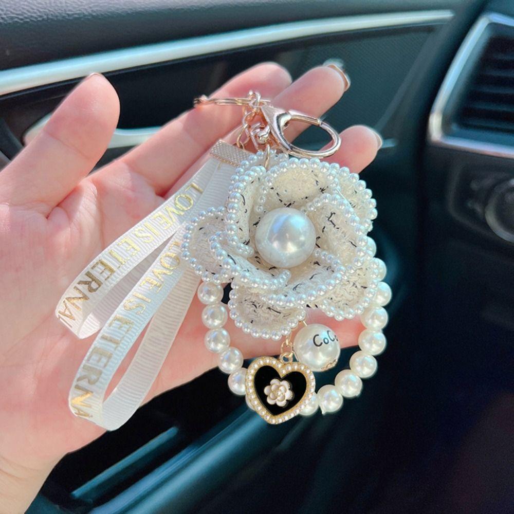 Korean Camellia Flower Keychain Letter Bag Hanging Pendant Fashion Car Key Ring  Girl