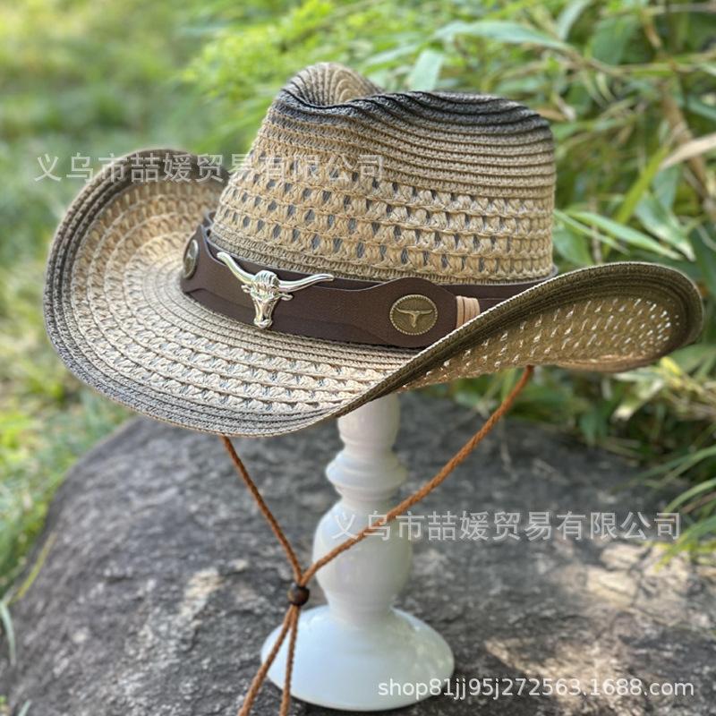 Bull Head Belt Hollow Two-color Straw Hat Men's Summer Outdoor Travel Shade Mountaineering Hat Western Cowboy Hat