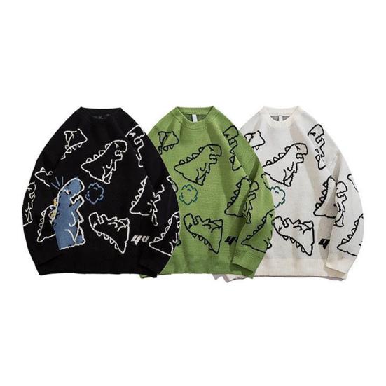 Мужской свитер осень-зима с рисунком динозавра, свободный свитер с круглым вырезом и длинными рукавами, в стиле хип-хоп, средней длины, для повседневной носки, работы, школы, улицы