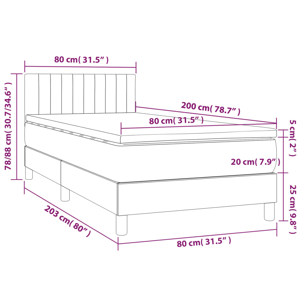 Box Spring Bed with Mattress & LED Dark Brown 80 x 200 cm Fabric