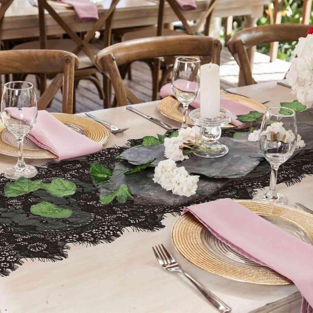 Black Lace Table Runner, 14x118 Inch Vintage Lace Table Cloth, Embroidered Boho Tables Runner for Rustic Wedding Tables Decorations, Bridal Shower,