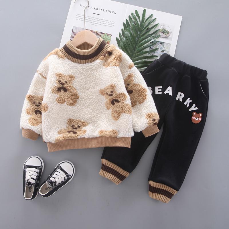Зимний новый детский круглый вырез с принтом в виде медведя в стиле вестерн плюс толстый бархатный свитер из двух частей
