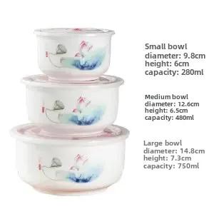 Ceramic fresh-keeping bowl three-piece set with cover refrigerator storage box Office lunch box for microwave heating special