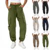 Ladies' Solid Color Elastic Waist Multi Pocket Workwear With Drawstring Casual Pants