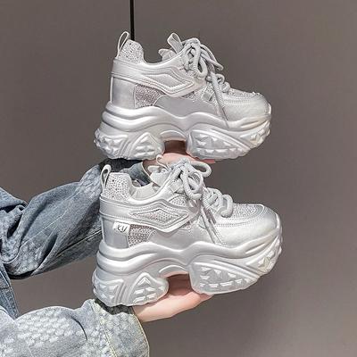 Мода 11 см Женские Повседневные Кроссовки на Платформе на Высоком Каблуке 2024 Новая Осень Спортивная Кожаная Обувь Блестящие Кроссовки Массивные Кроссовки Zapatos Mujer