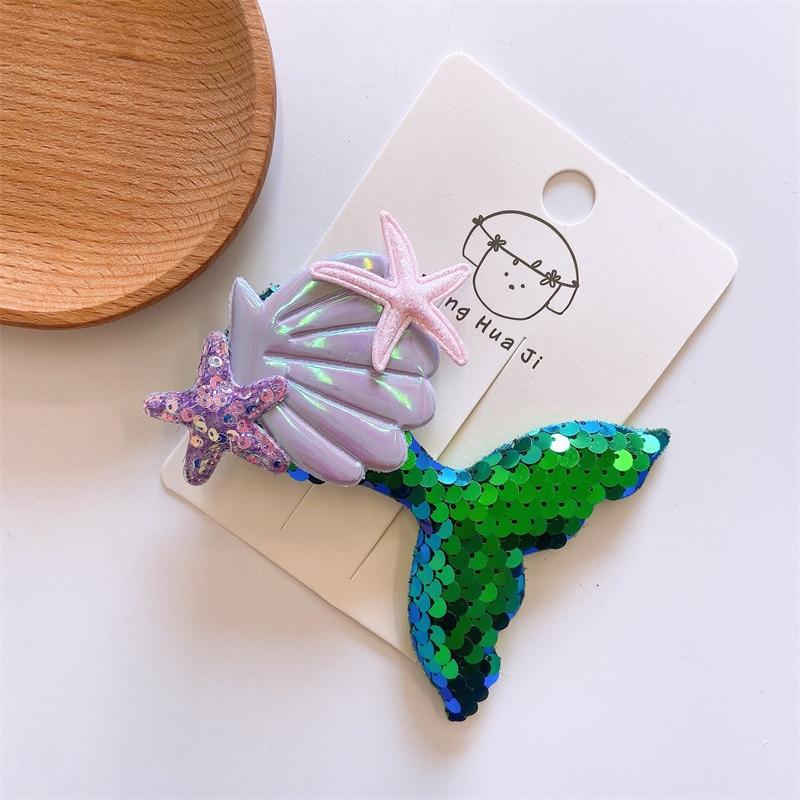 1 шт., заколки для волос с рисунком русалки, морской звезды, ракушки для девочек, детские заколки с лазерными блестками, детские заколки для волос, блестящие головные уборы, аксессуары для волос