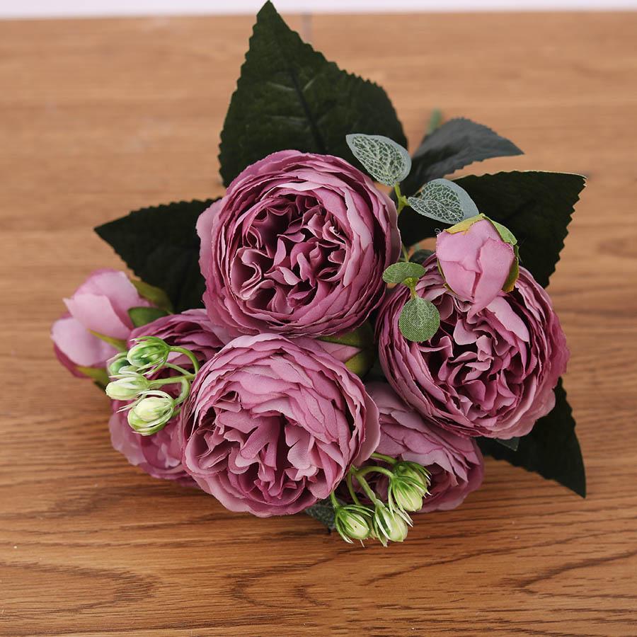 30cm Rose Pink Silk Bouquet Peony Artificial Flowers 5 Big Heads 4 Small Bud Bride Wedding Home Decoration Fake Flowers Faux KTY