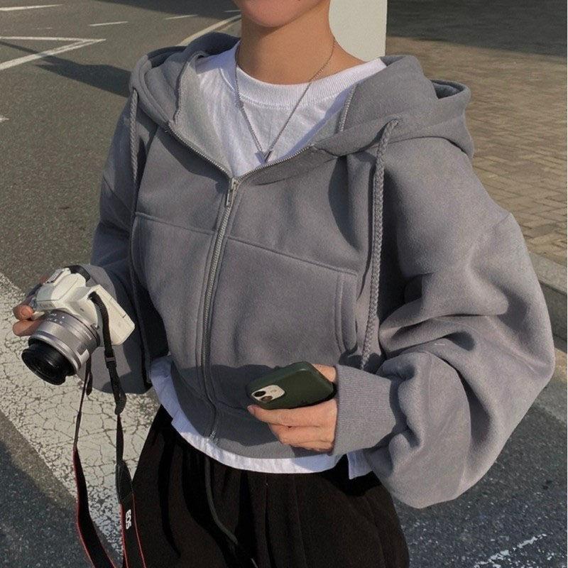 6 Colors Solid Zip Up Drawstring Hoodie, Casual Long Sleeve Sweatshirt with Pocket, Women's Clothing